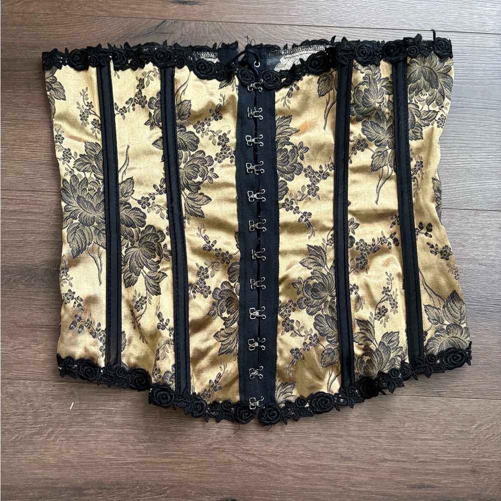 Vintage Y2K Intimate Attitudes Gold Black Floral Corset Bustier Top Size 40